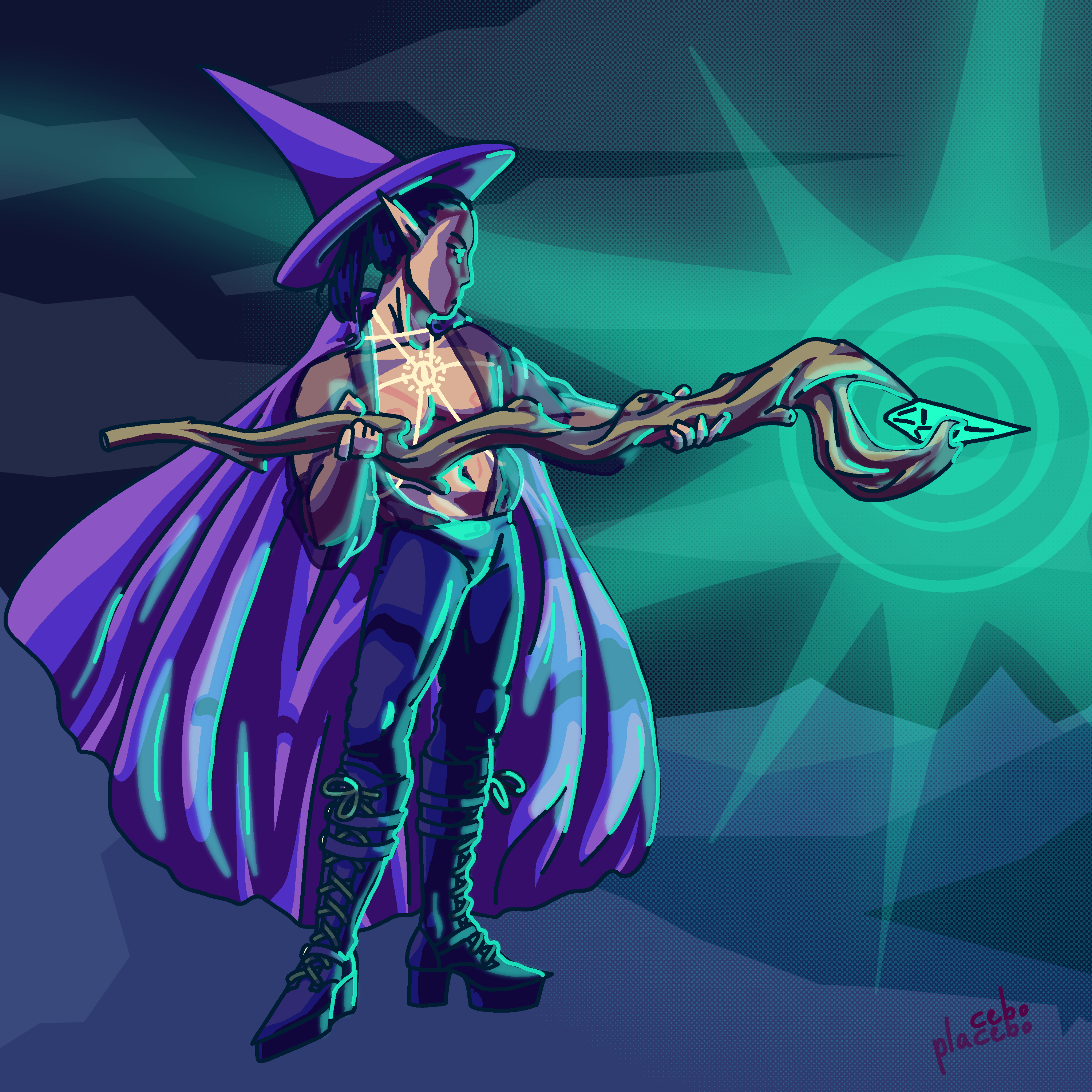 A wizard elf with an intense expression pointing a staff with a glowing crystal.